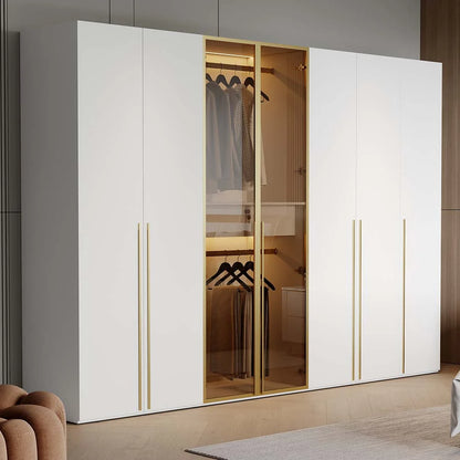 White & Gold Modern Extra Wide Wardrobe with Clear Glass Door Storage