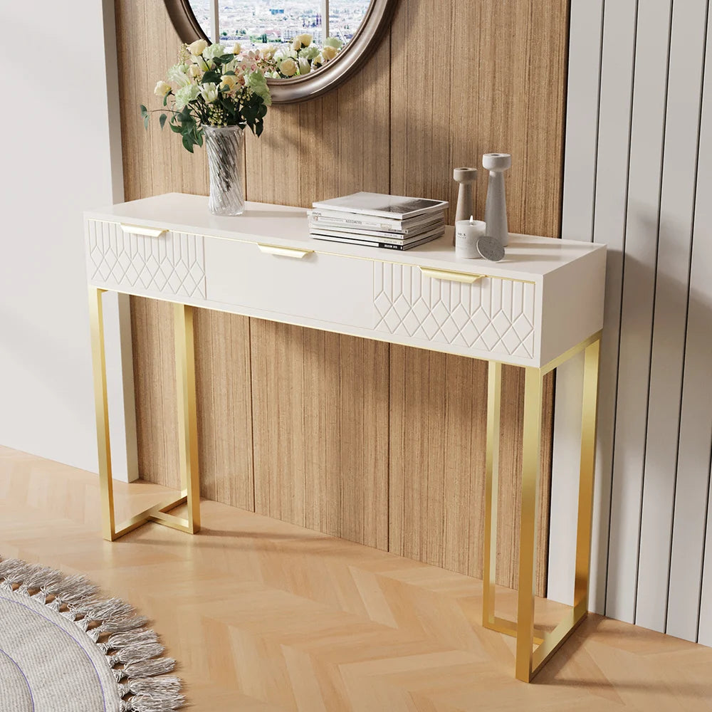 White & Gold Modern Console Table Rectangular Accent Table Entryway Drawers