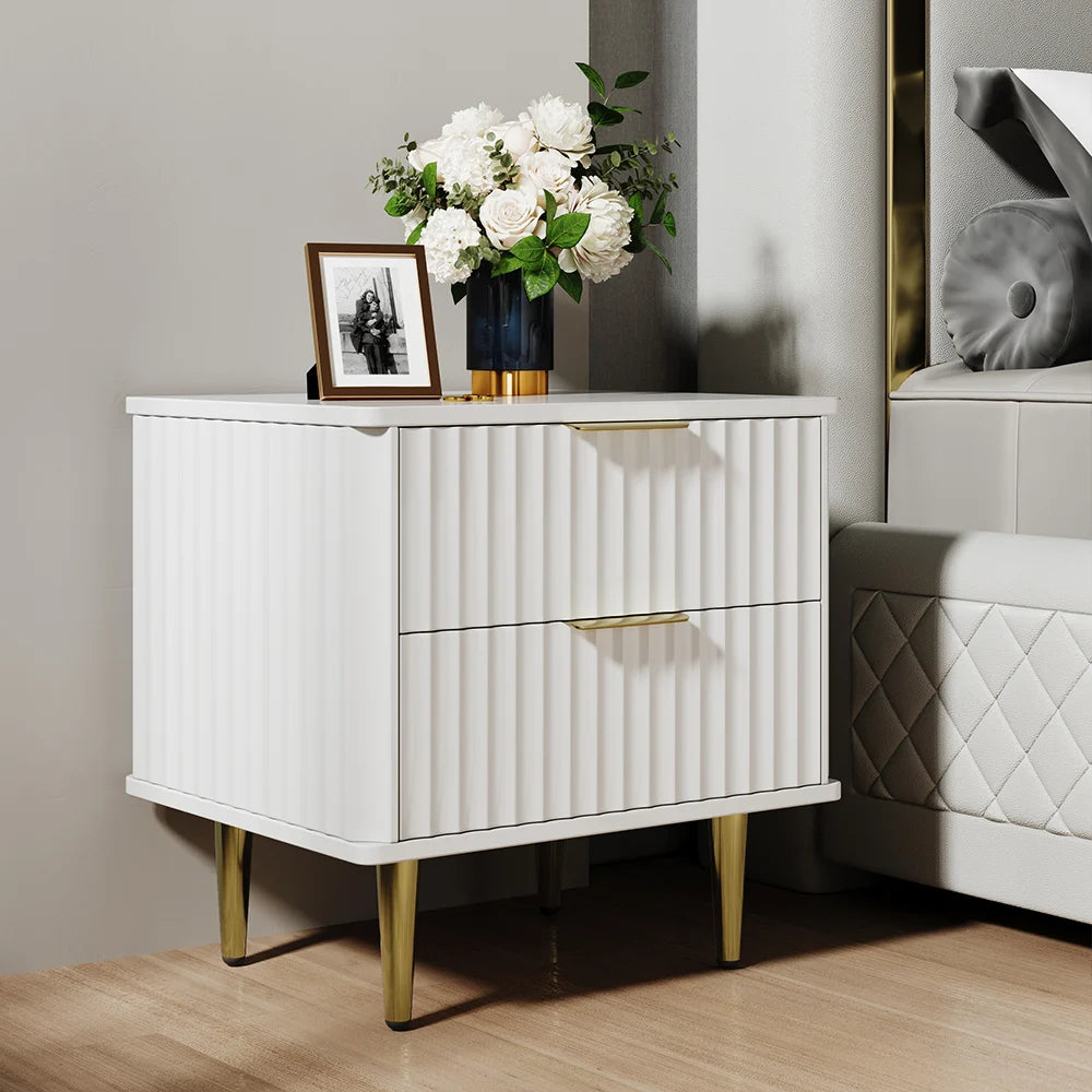 Modern White Nightstand with 2 Drawers Bedside Table with Gold Legs