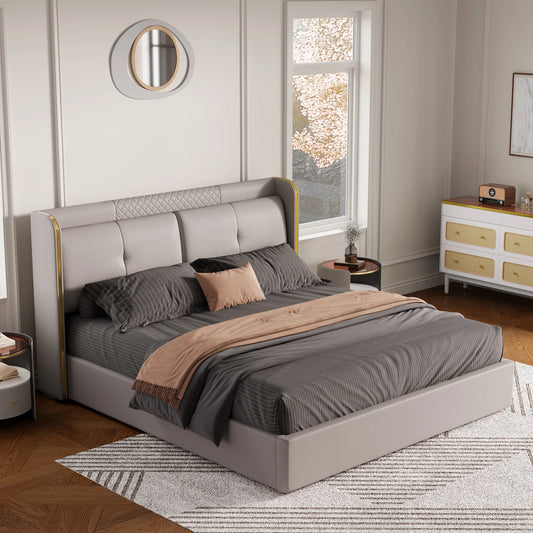 Leather Upholstered Bed with Wingback Headboard