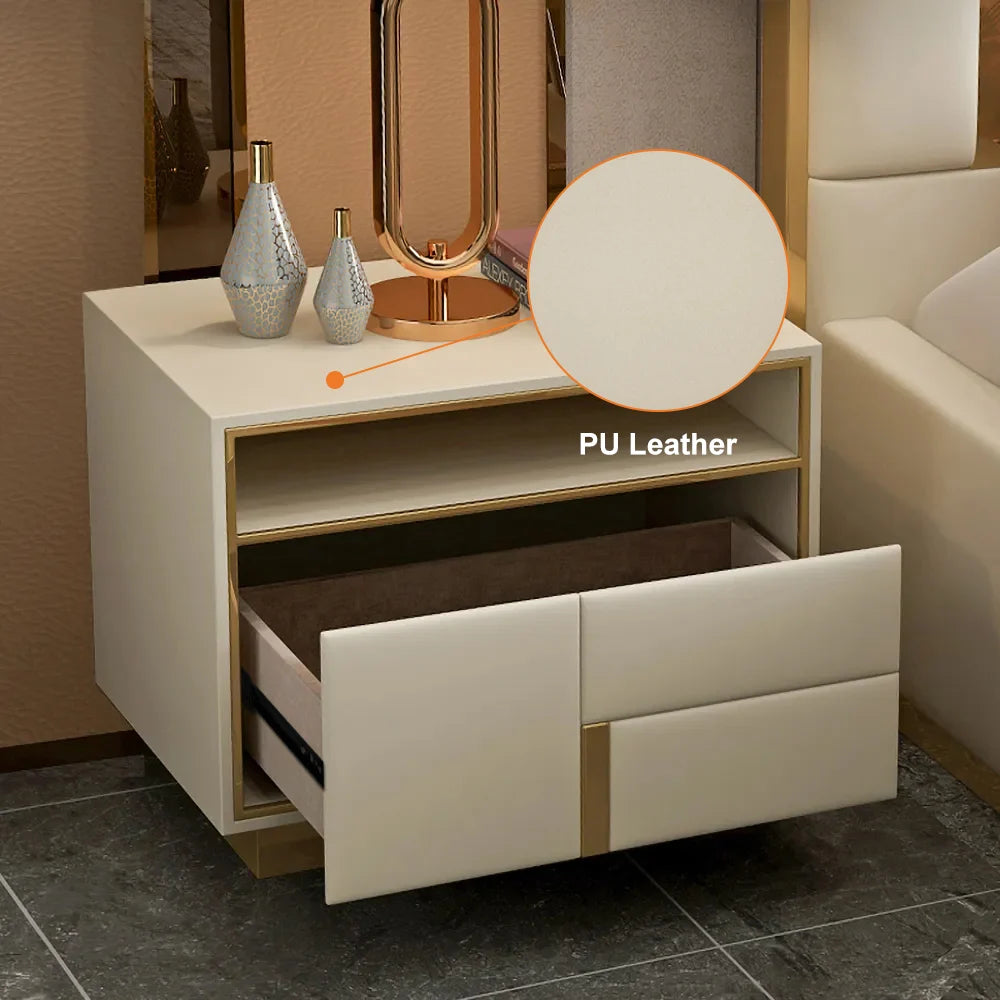 Modern Beige Wooden Nightstand PU Leather