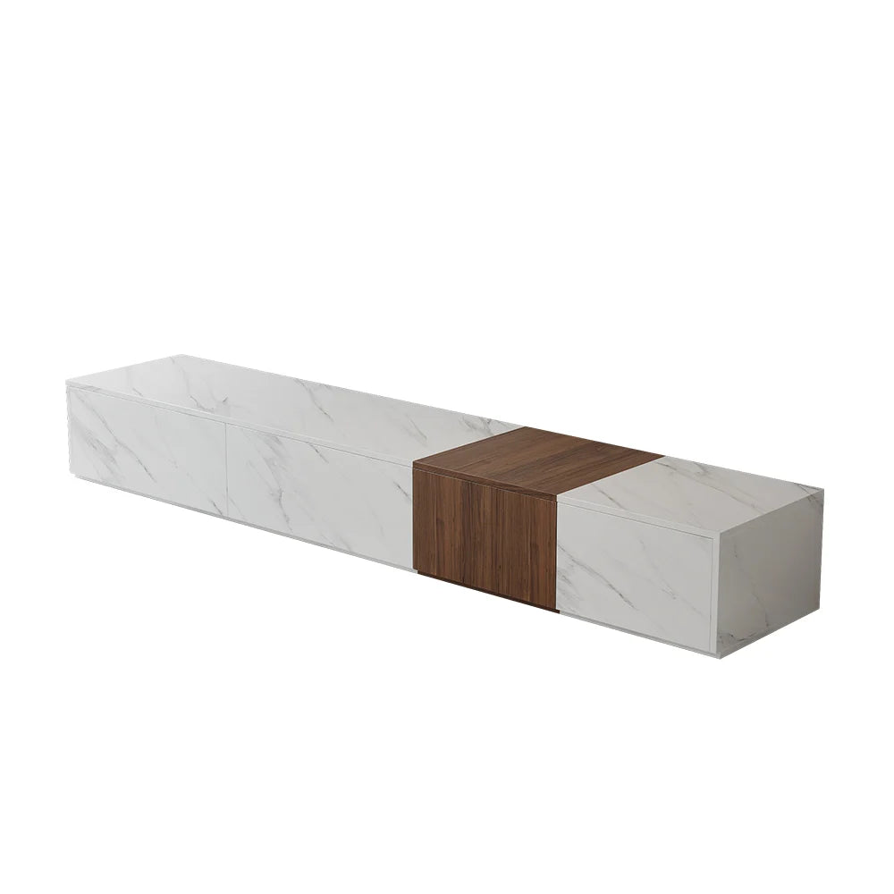 Vewal Modern Wood Block TV Stand Marble & Walnut Veneer in White with 4 Drawers