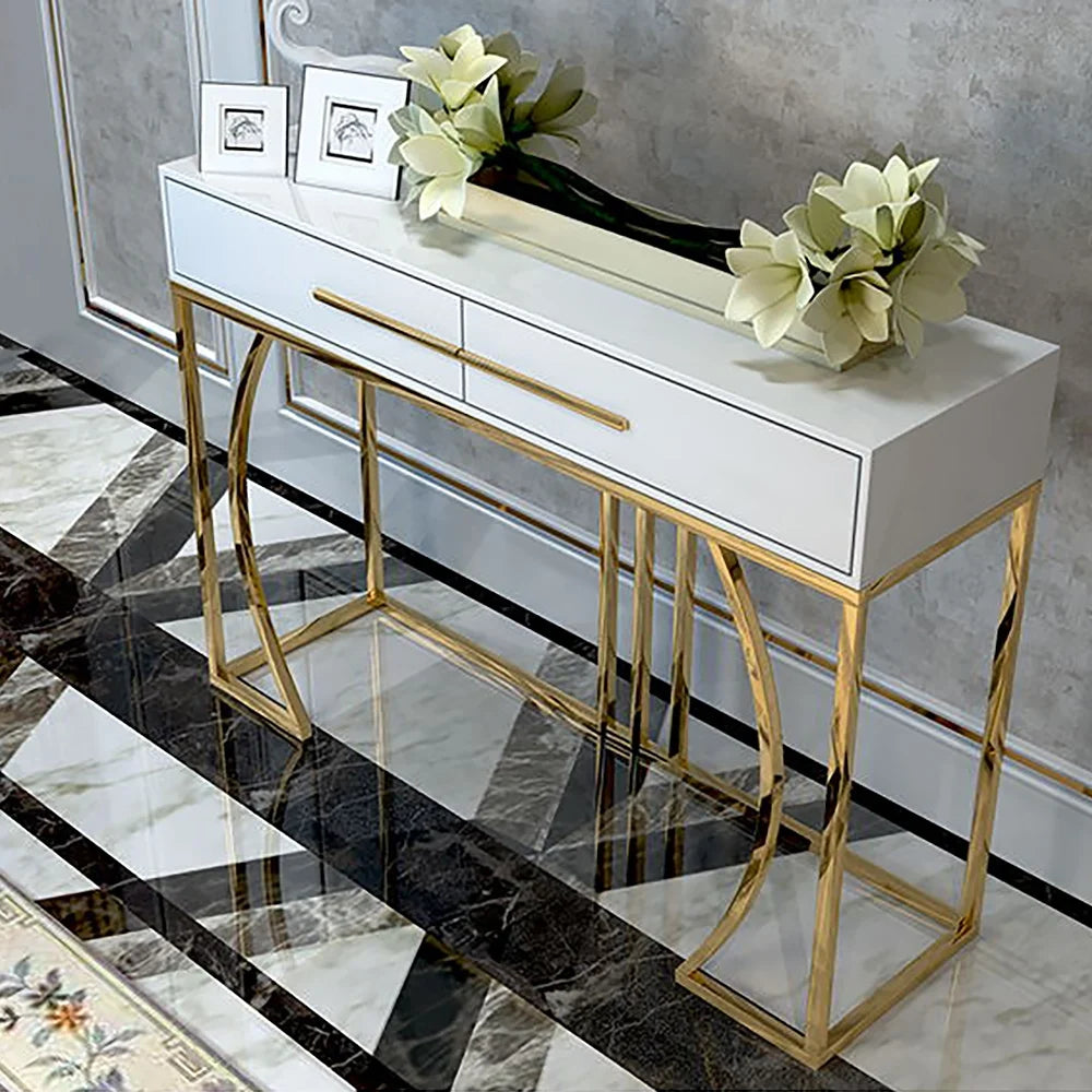 Modern White MDF Top Console Table with Drawers & Gold Stainless Steel Legs