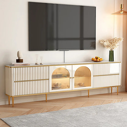 White Glass Door Fluted Stone TV Stand Wood Media Cabinet for TV with Drawers