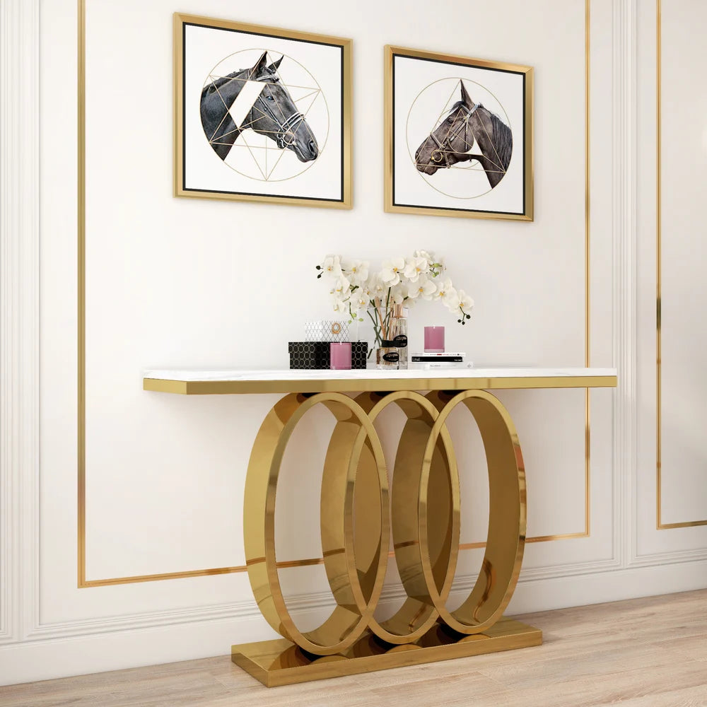 Narrow Modern White Console Table with Faux Marble Top & Stainless Steel Base