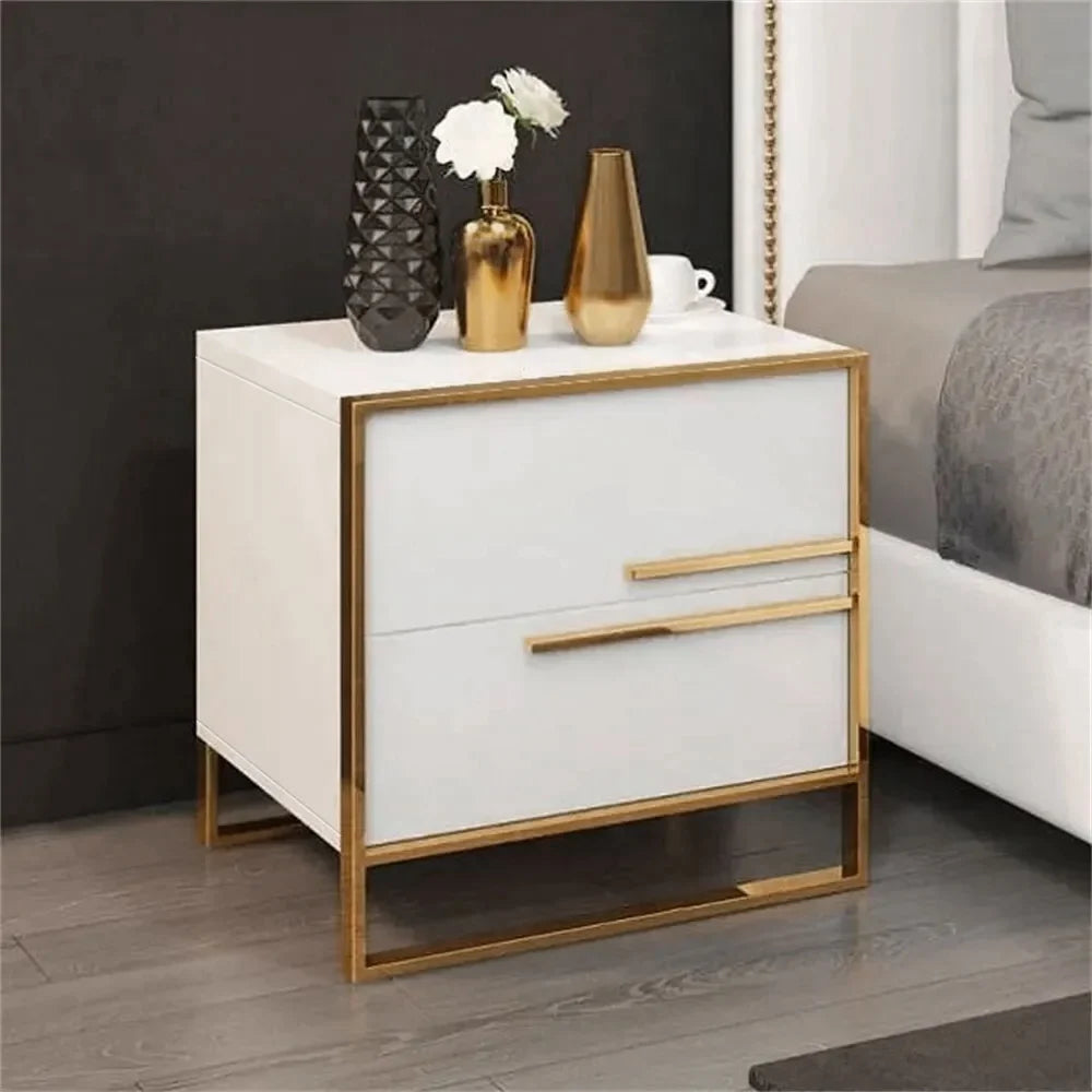 Minimalist Design Nightstand with 2 Drawers with Gold Base