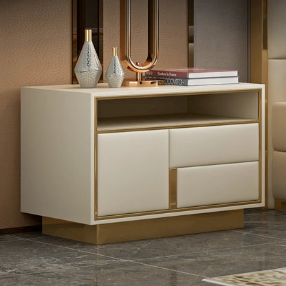 Modern Beige Wooden Nightstand PU Leather