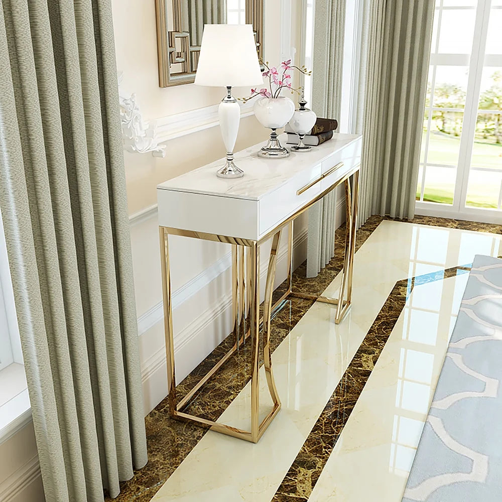 Modern White MDF Top Console Table with Drawers & Gold Stainless Steel Legs