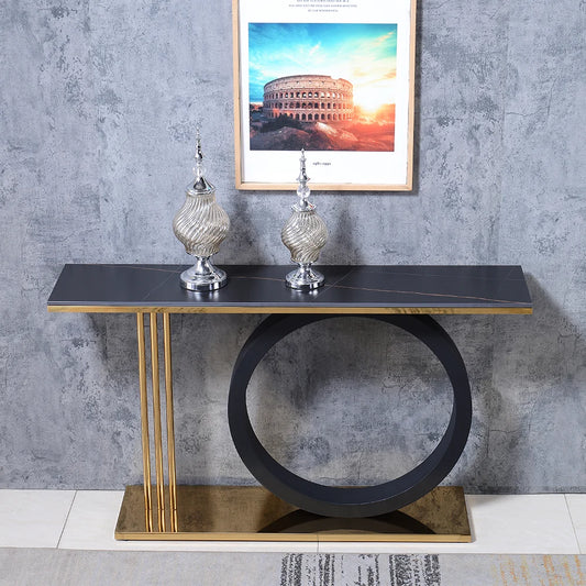 Post Modern Black Geometry Console Table Sintered Stone Top Stainless Steel Frame