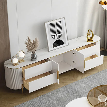 Modern Elegant Oval TV Console with Drawers & Doors in White