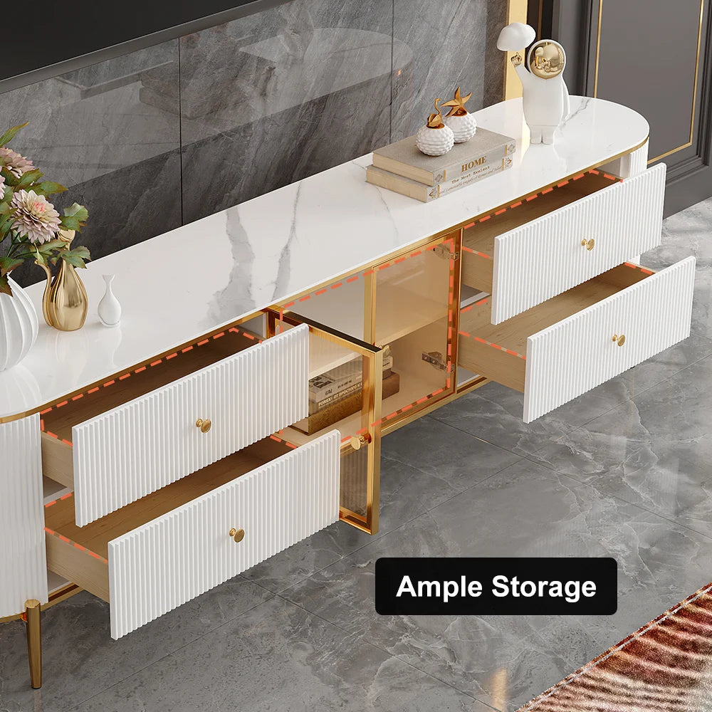 Yelly Modern White TV Stand with Oval Marble Top & Tempered Glass Doors Media Console