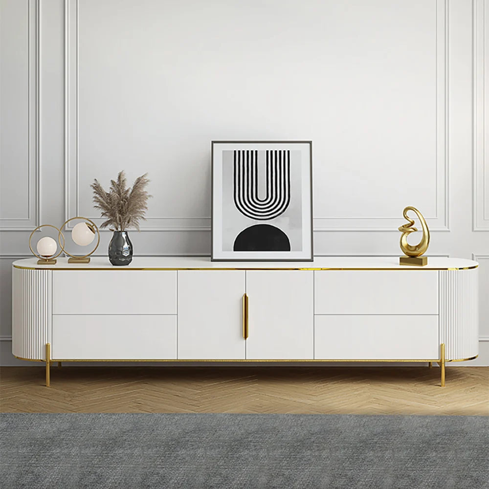 Modern Elegant Oval TV Console with Drawers & Doors in White