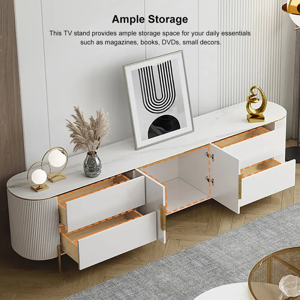 Modern Elegant Oval TV Console with Drawers & Doors in White