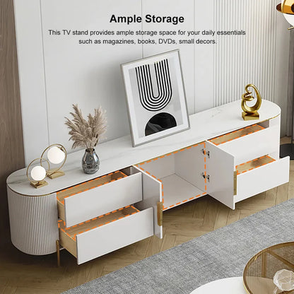 Modern Elegant Oval TV Console with Drawers & Doors in White